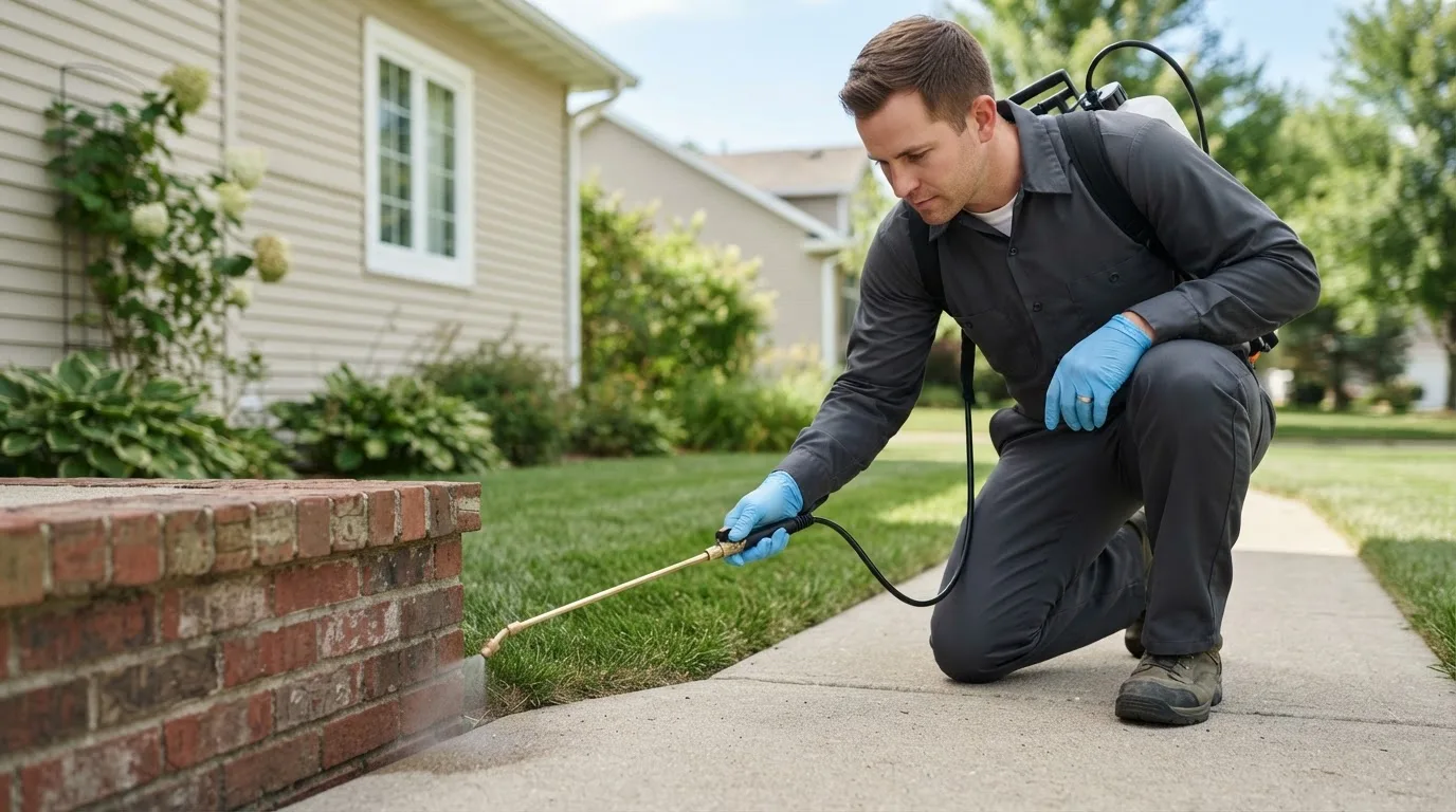 Pest control technician treating a home near Winchester, MA